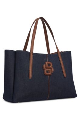 Cotton-denim tote bag with Double B monogram, Dark Blue