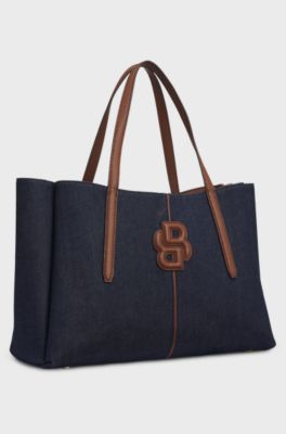 Cotton-denim tote bag with Double B monogram, Dark Blue