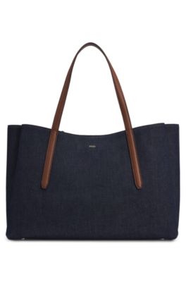 Cotton-denim tote bag with Double B monogram, Dark Blue