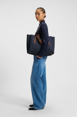 Cotton-denim tote bag with Double B monogram, Dark Blue