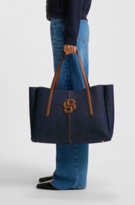 Cotton-denim tote bag with Double B monogram, Dark Blue