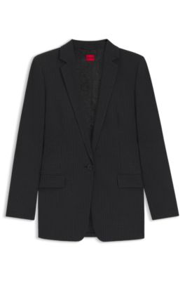Longline regular-fit blazer in pinstripe flannel, Black Patterned