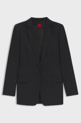 Longline regular-fit blazer in pinstripe flannel, Black Patterned