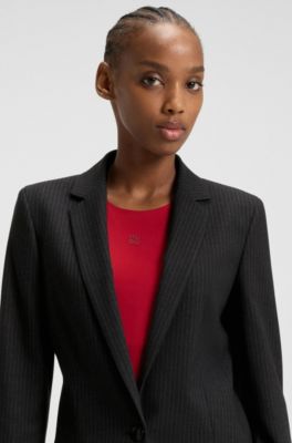Longline regular-fit blazer in pinstripe flannel, Black Patterned