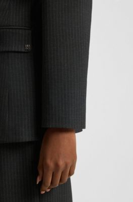 Longline regular-fit blazer in pinstripe flannel, Black Patterned