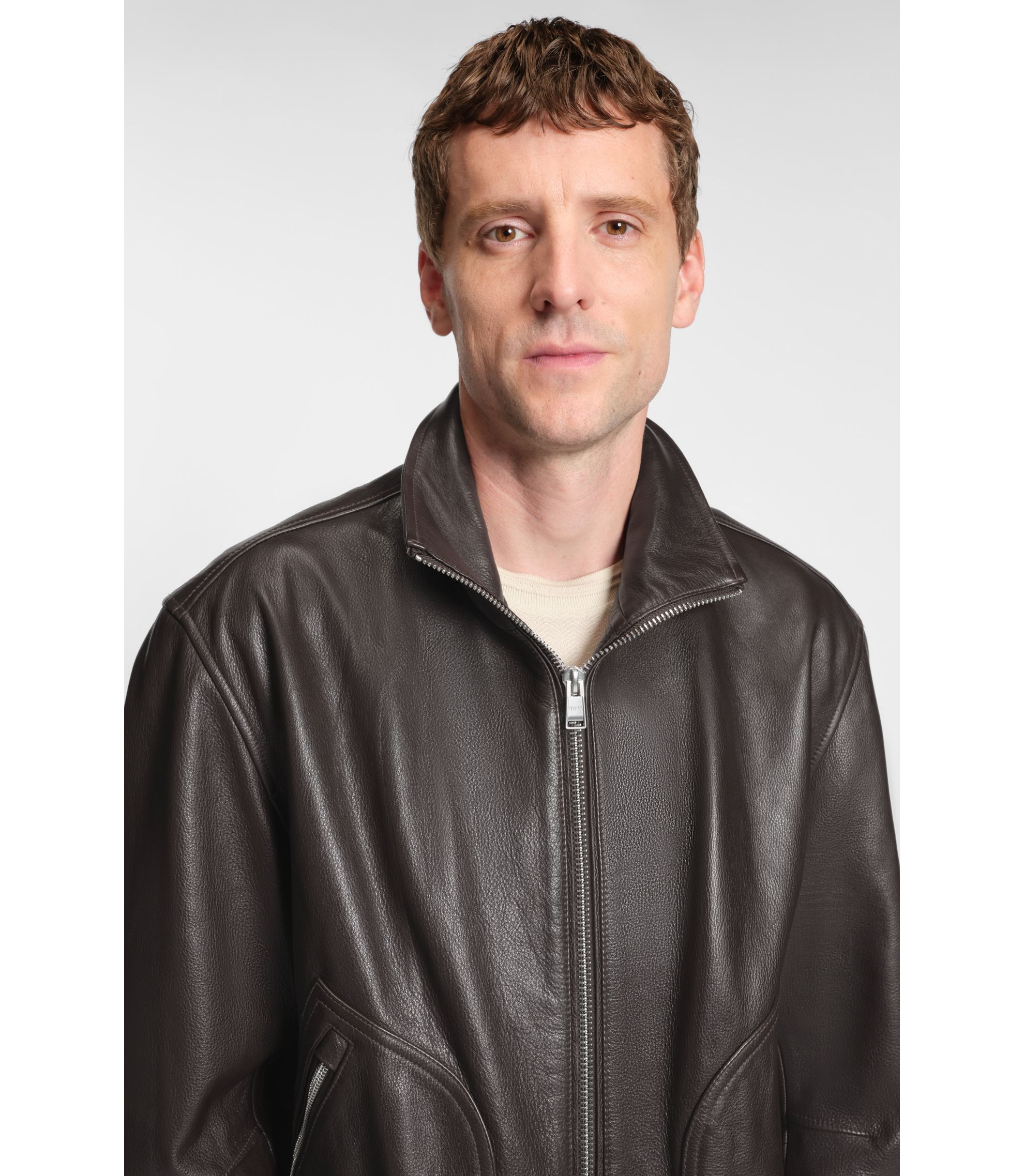 BOSS - Nappa-leather jacket with two-way zip - Dark Brown
