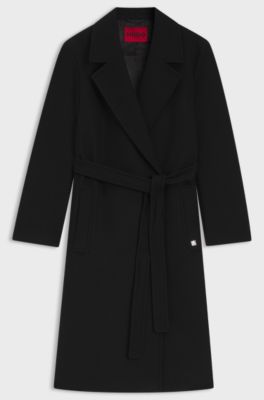 Regular-fit coat with tie-up belt, Black
