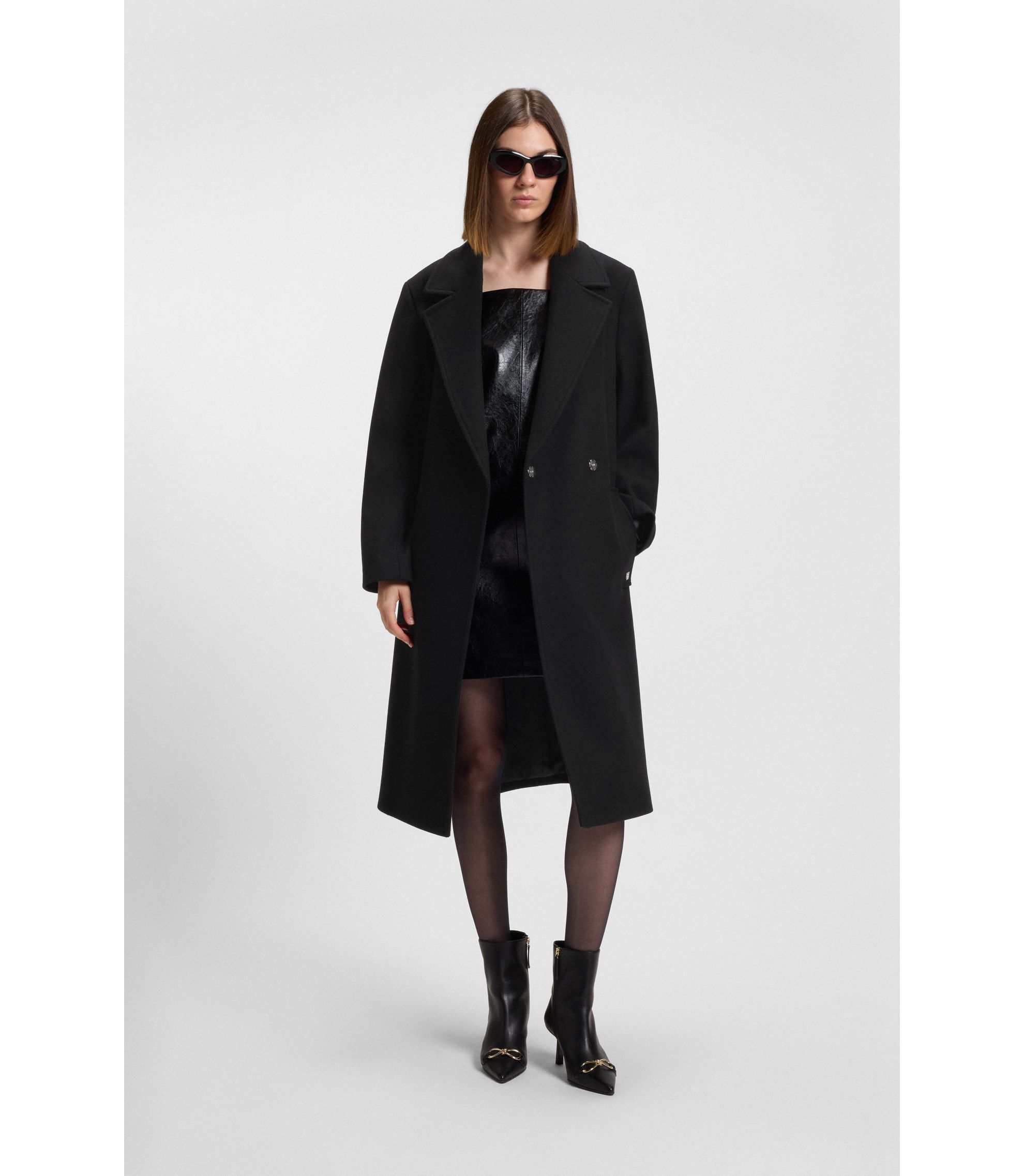 HUGO - Regular-fit coat with tie-up belt - Black