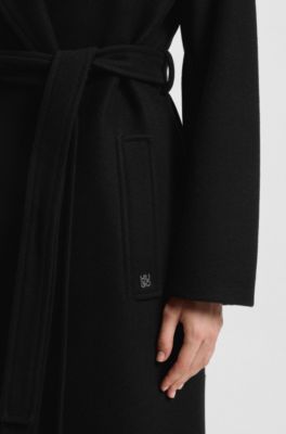 Regular-fit coat with tie-up belt, Black