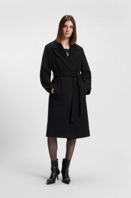 Regular-fit coat with tie-up belt, Black