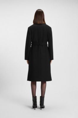 Regular-fit coat with tie-up belt, Black