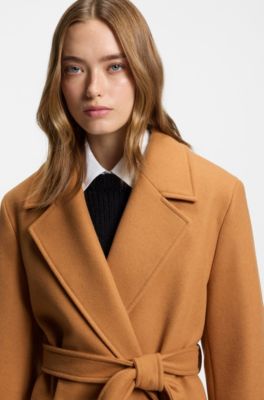 Regular-fit coat with tie-up belt, Light Brown