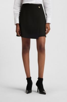 Wrap-front skirt with gold-effect knot button, Black