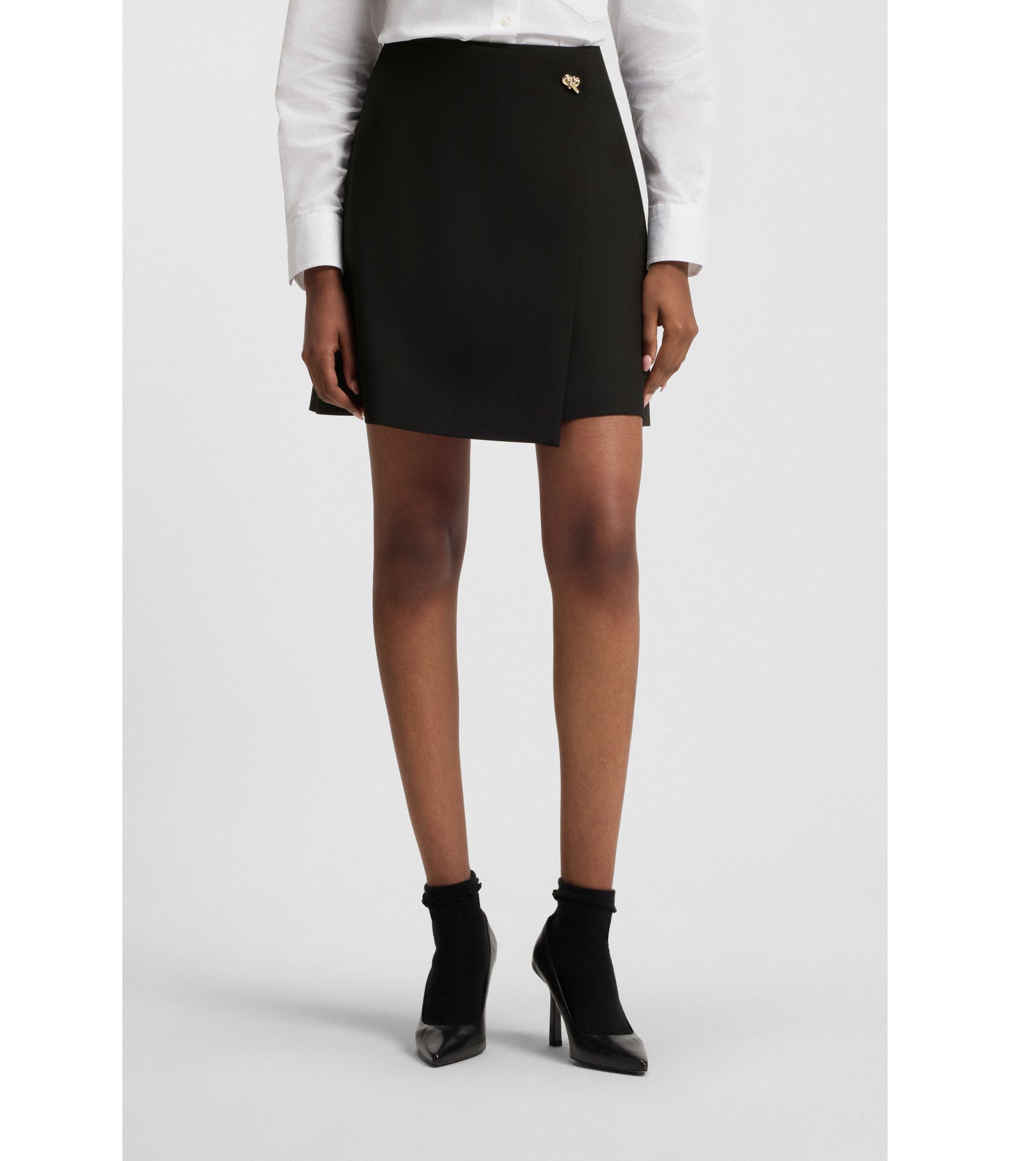 HUGO - Wrap-front skirt with gold-effect knot button - Black