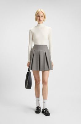 Pleated mini skirt in melange stretch flannel, Light Grey