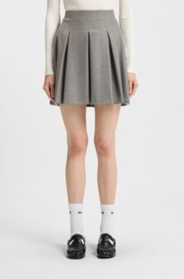 Pleated mini skirt in melange stretch flannel, Light Grey