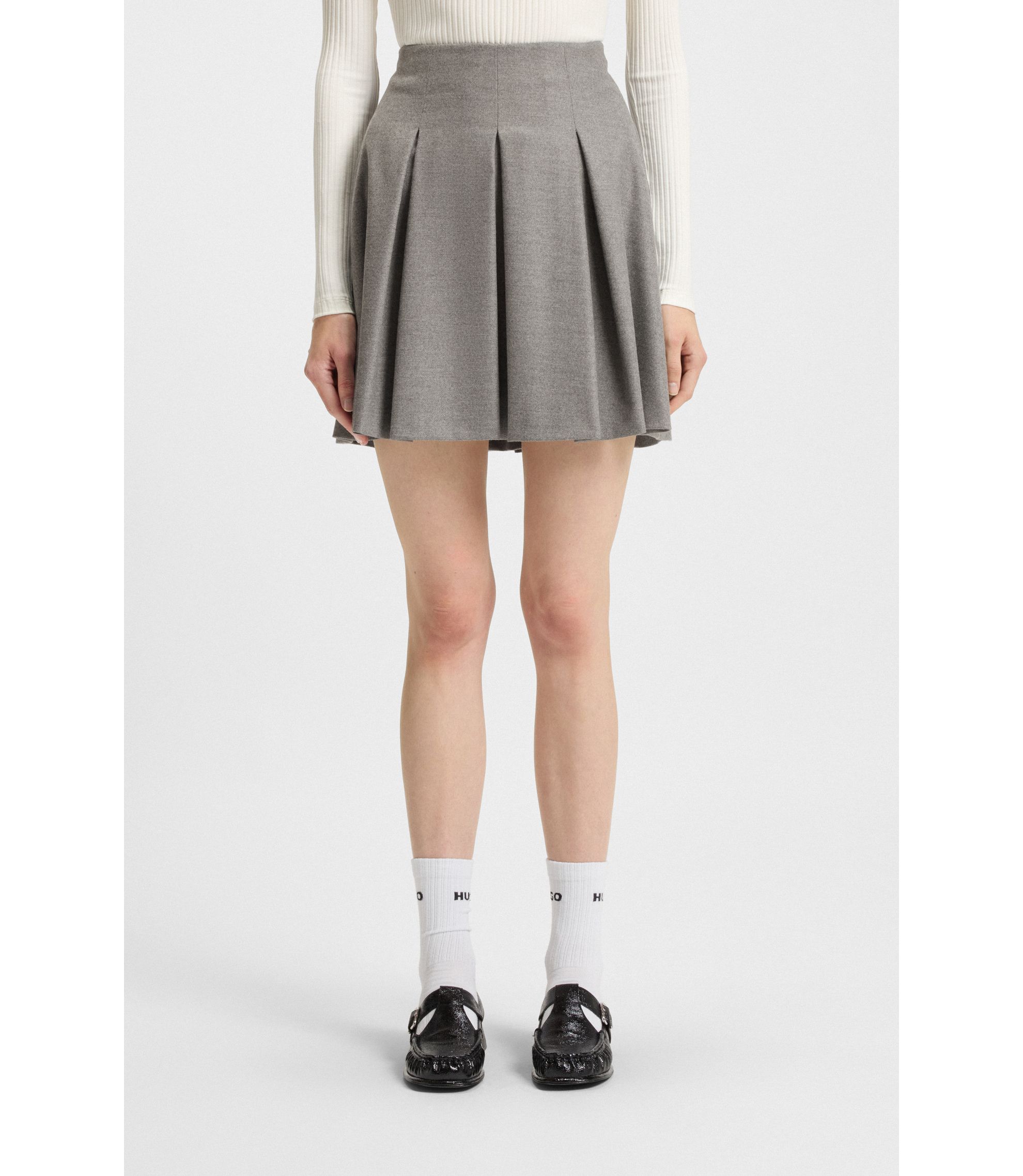 HUGO - Pleated mini skirt in melange stretch flannel - Light Grey