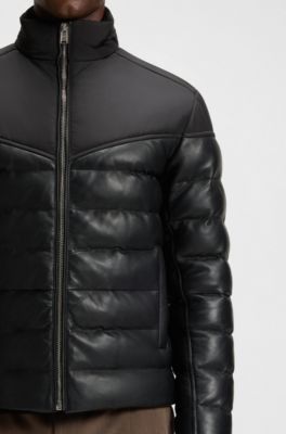 Padded jacket with leather trims, Black