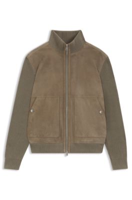 Suede jacket with cotton-blend sleeves, Brown