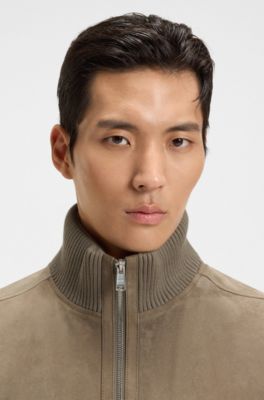 Suede jacket with cotton-blend sleeves, Brown