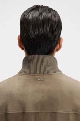 Suede jacket with cotton-blend sleeves, Brown