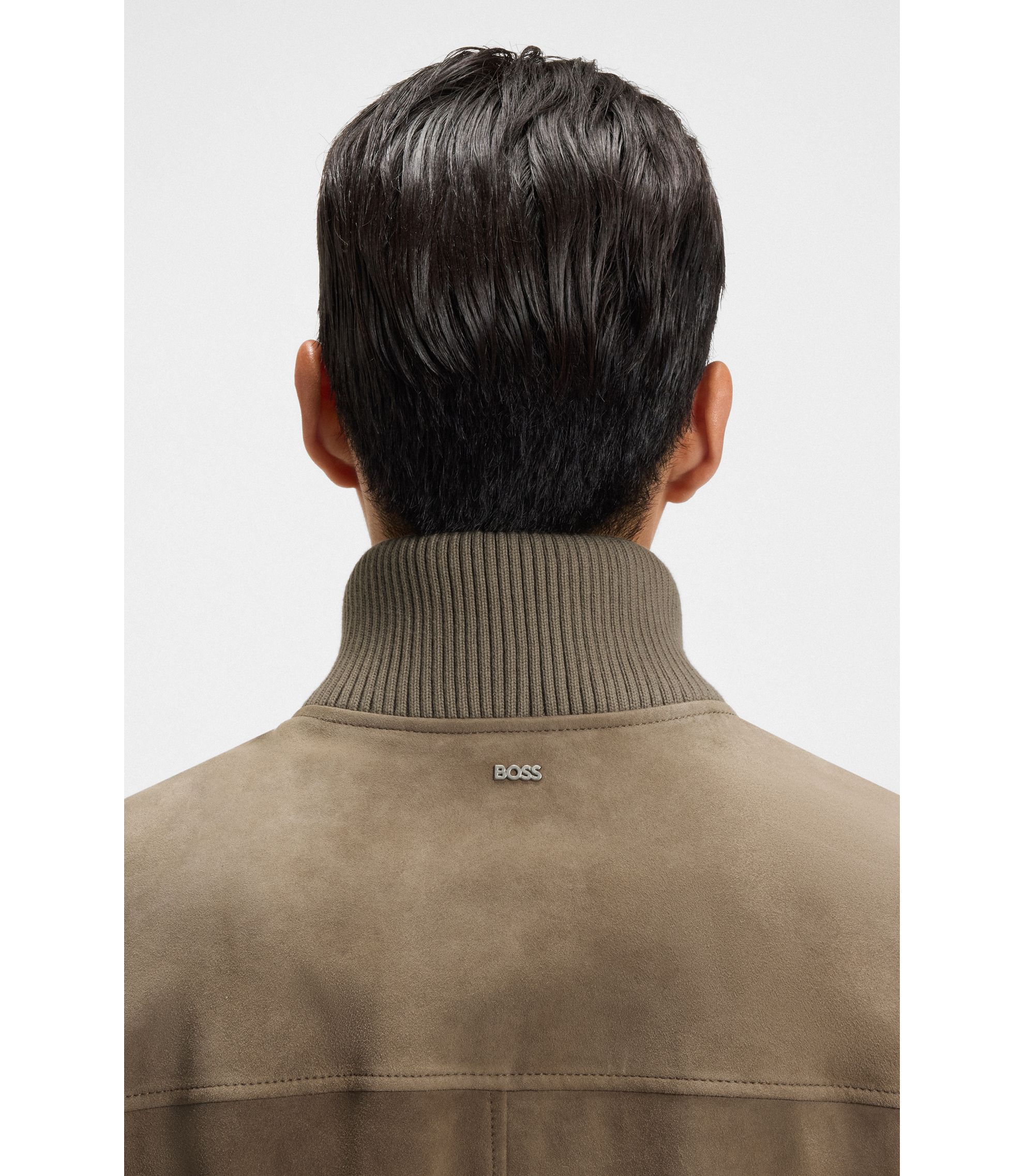 BOSS - Suede jacket with cotton-blend sleeves - Brown