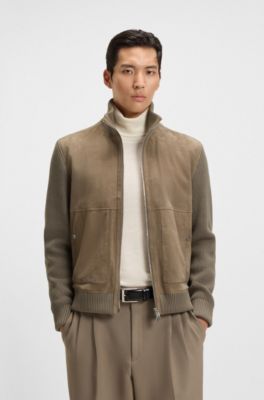 Suede jacket with cotton-blend sleeves, Brown