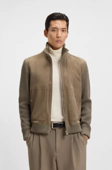 Suede jacket with cotton-blend sleeves