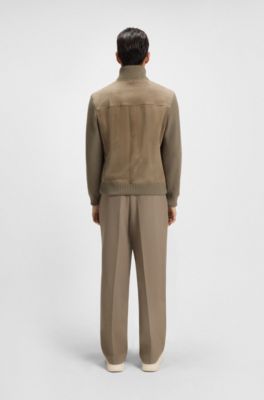 Giacca in pelle con maniche in misto cotone, Marrone