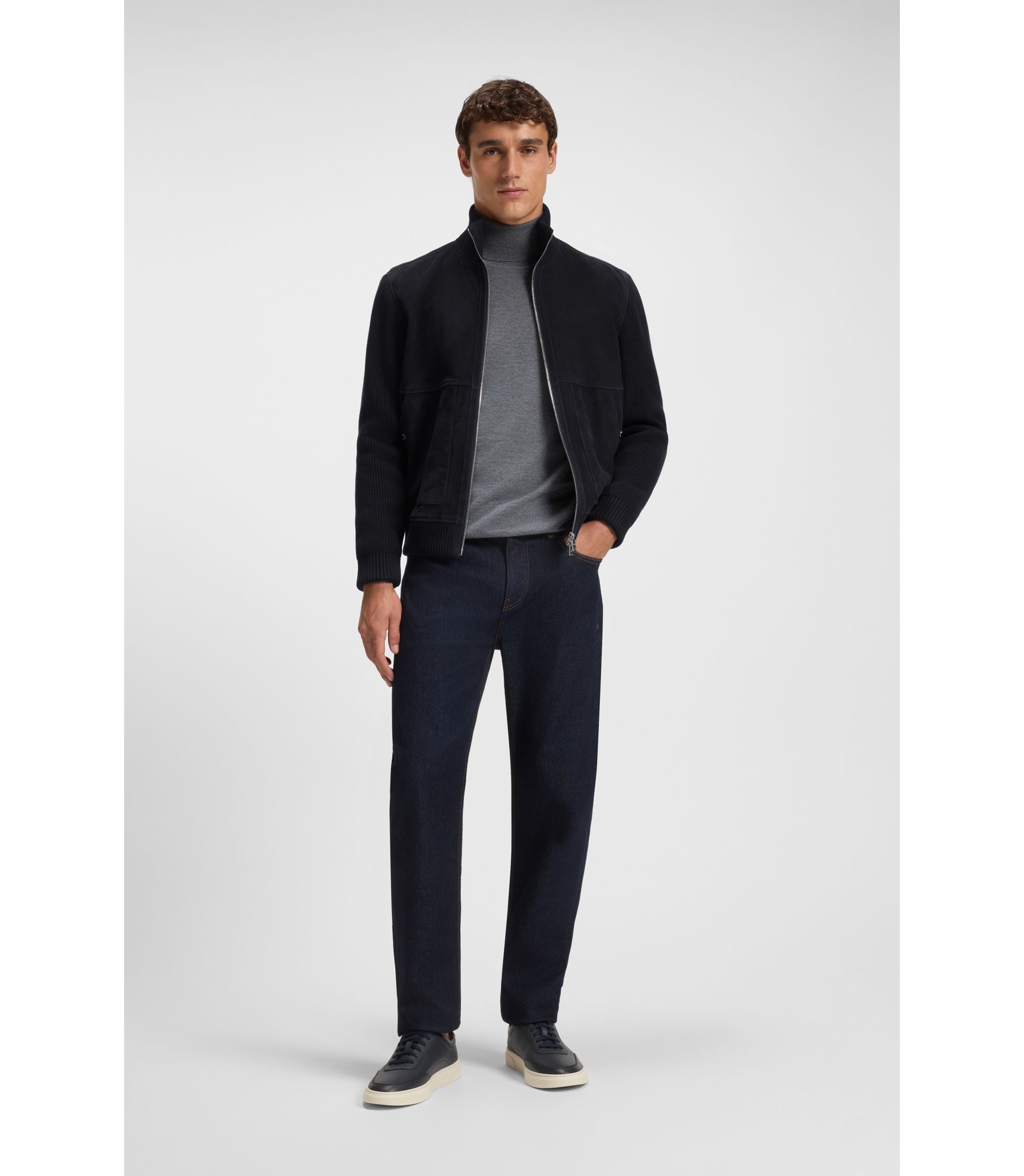 BOSS - Suede jacket with cotton-blend sleeves - Dark Blue
