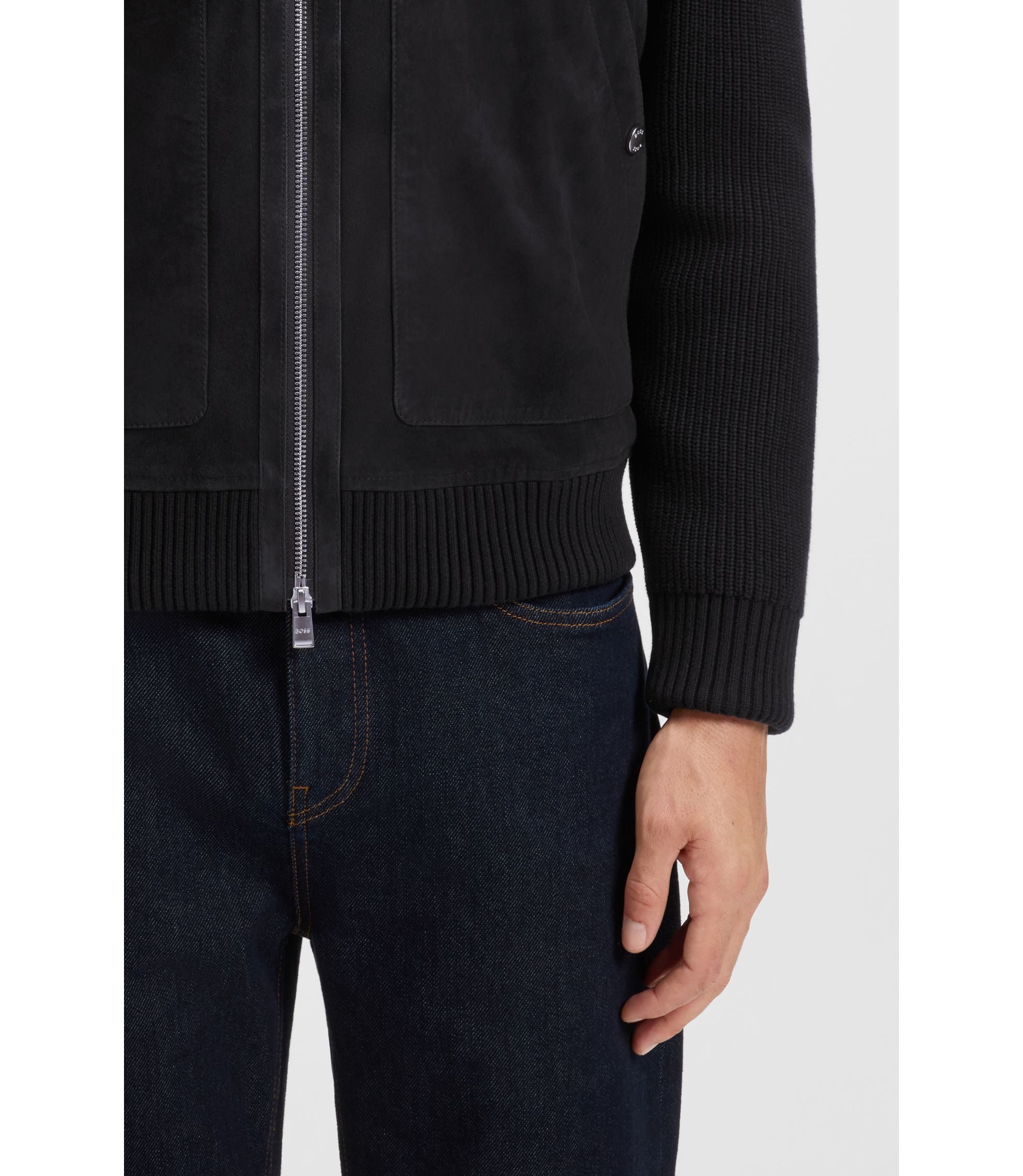 BOSS - Suede jacket with cotton-blend sleeves - Dark Blue
