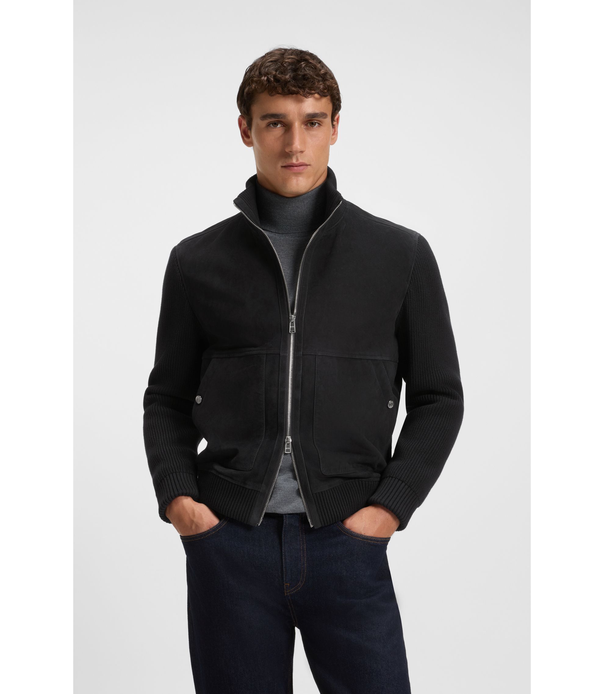 ジャケット HUECLOSET Suede Jacket SE346 BOSS - Suede jacket with cotton-blend sleeves - Dark Blue