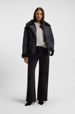 Straight-leg trousers in stretch-cotton velvet, Black