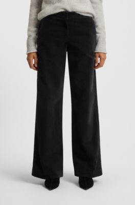 Straight-leg trousers in stretch-cotton velvet, Black