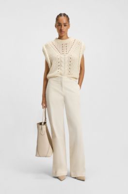 Straight-leg trousers in stretch-cotton velvet, Natural