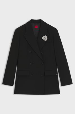 Oversized-fit blazer with rhinestone lapel brooch, Black