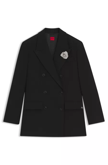 Oversized-fit blazer with rhinestone lapel brooch