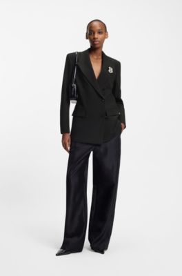 Oversized-fit blazer with rhinestone lapel brooch, Black