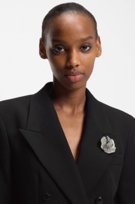 Oversized-fit blazer with rhinestone lapel brooch, Black