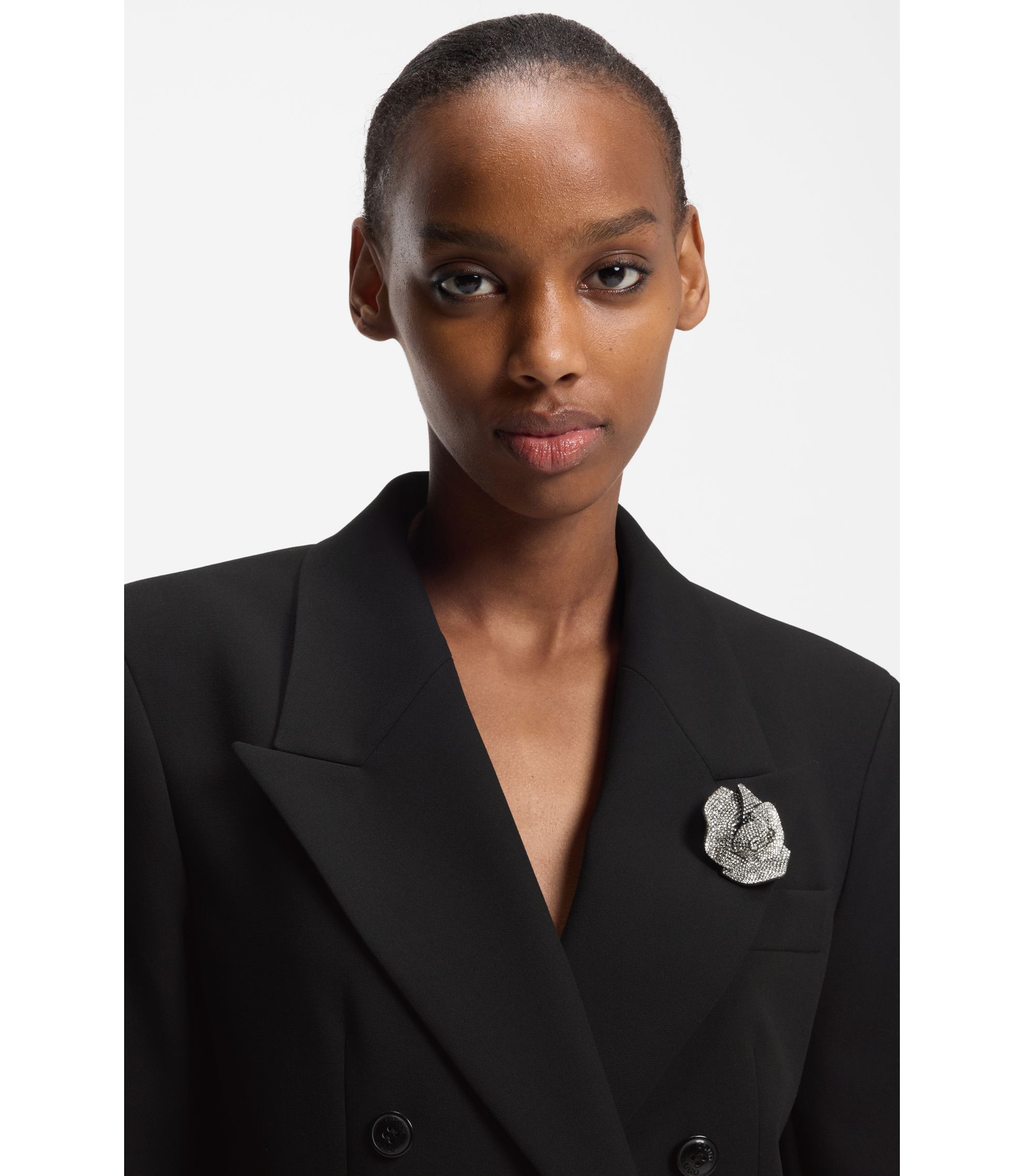 HUGO Oversized-fit blazer with rhinestone lapel brooch Black