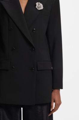 Oversized-fit blazer with rhinestone lapel brooch, Black