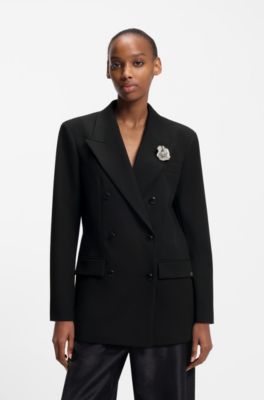 Oversized-fit blazer with rhinestone lapel brooch, Black