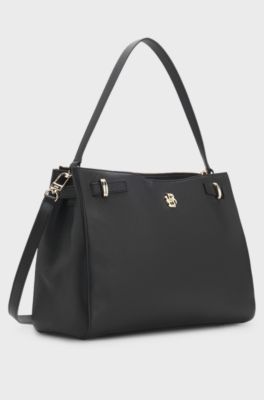 Leather tote bag with Double B monogram, Black