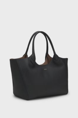 Tote bag in grained leather with logo lettering, Black
