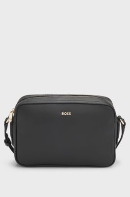 Sac port&eacute; crois&eacute; en cuir grain&eacute; avec logo, Noir
