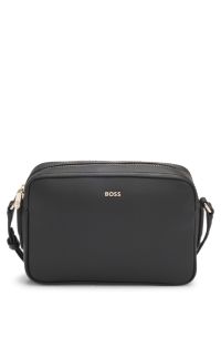 Crossbody bag in grained leather with logo lettering, Black