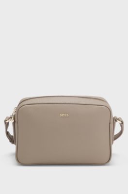 Crossbody bag in grained leather with logo lettering, Light Brown