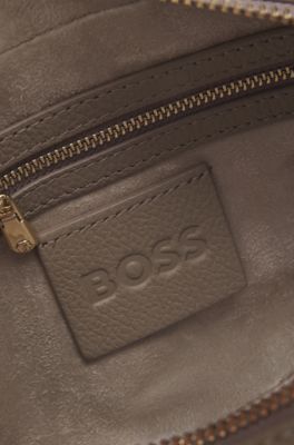 Crossbody bag in grained leather with logo lettering, Light Brown