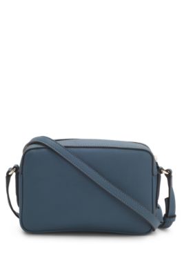 Crossbody bag in grained leather with logo lettering, Blue