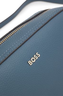 Crossbody bag in grained leather with logo lettering, Blue